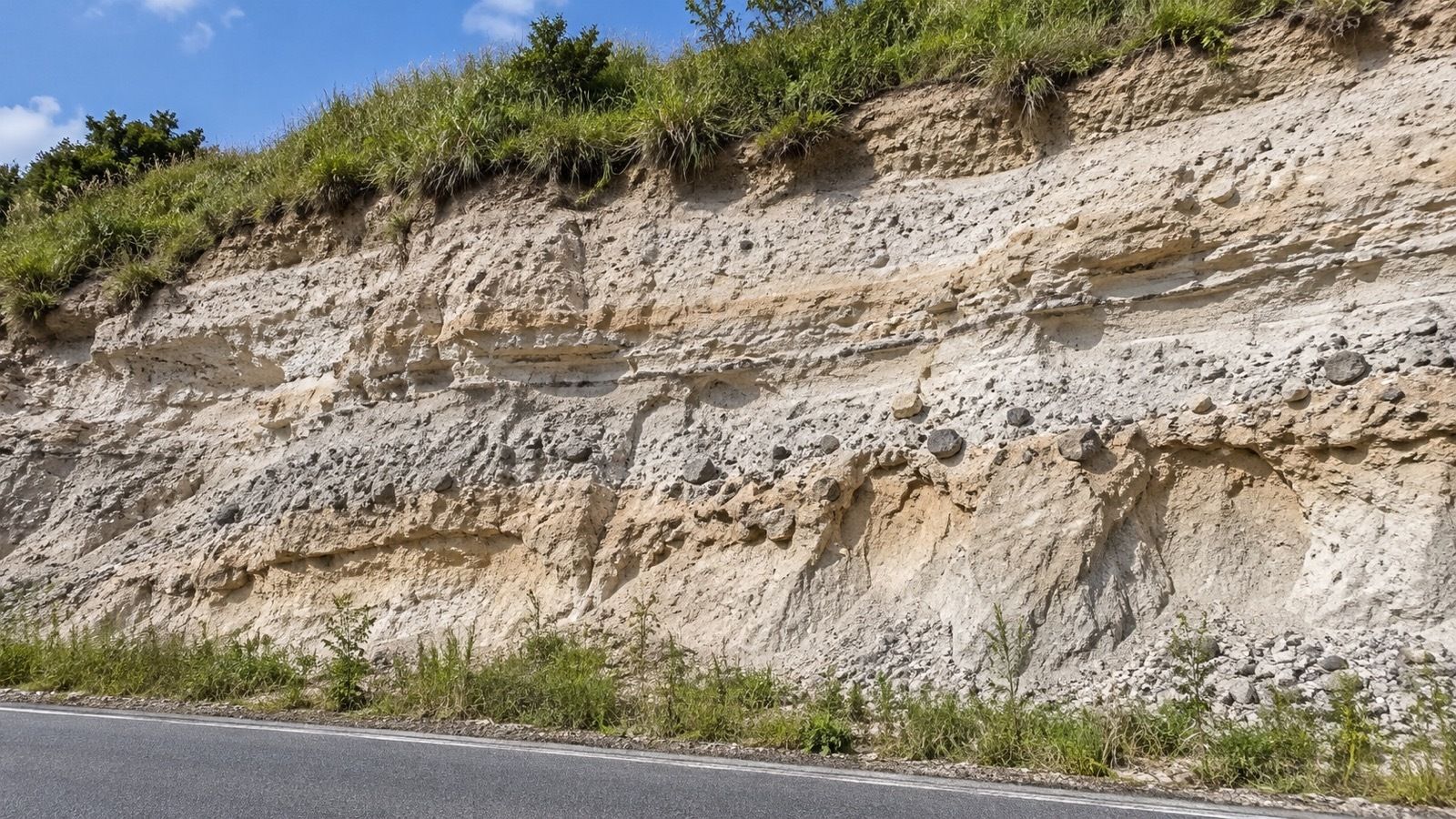 道路の切り通しに見える白っぽい地層