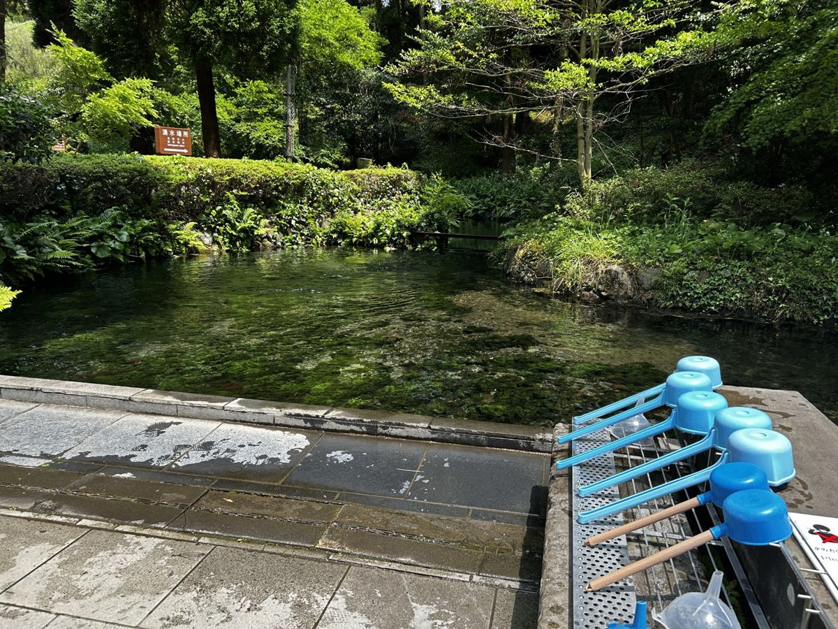 白川水源の水くみ場。ひしゃくが並ぶ(2026年5月、編集部撮影)