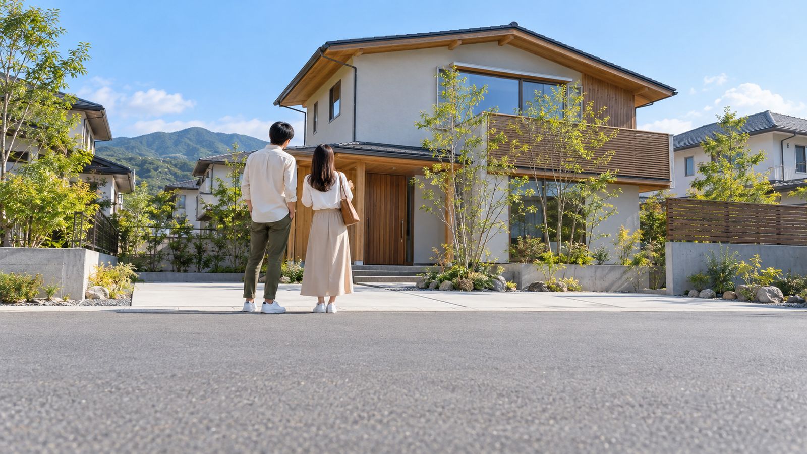 新しい木造の戸建てを見上げる夫婦の後ろ姿