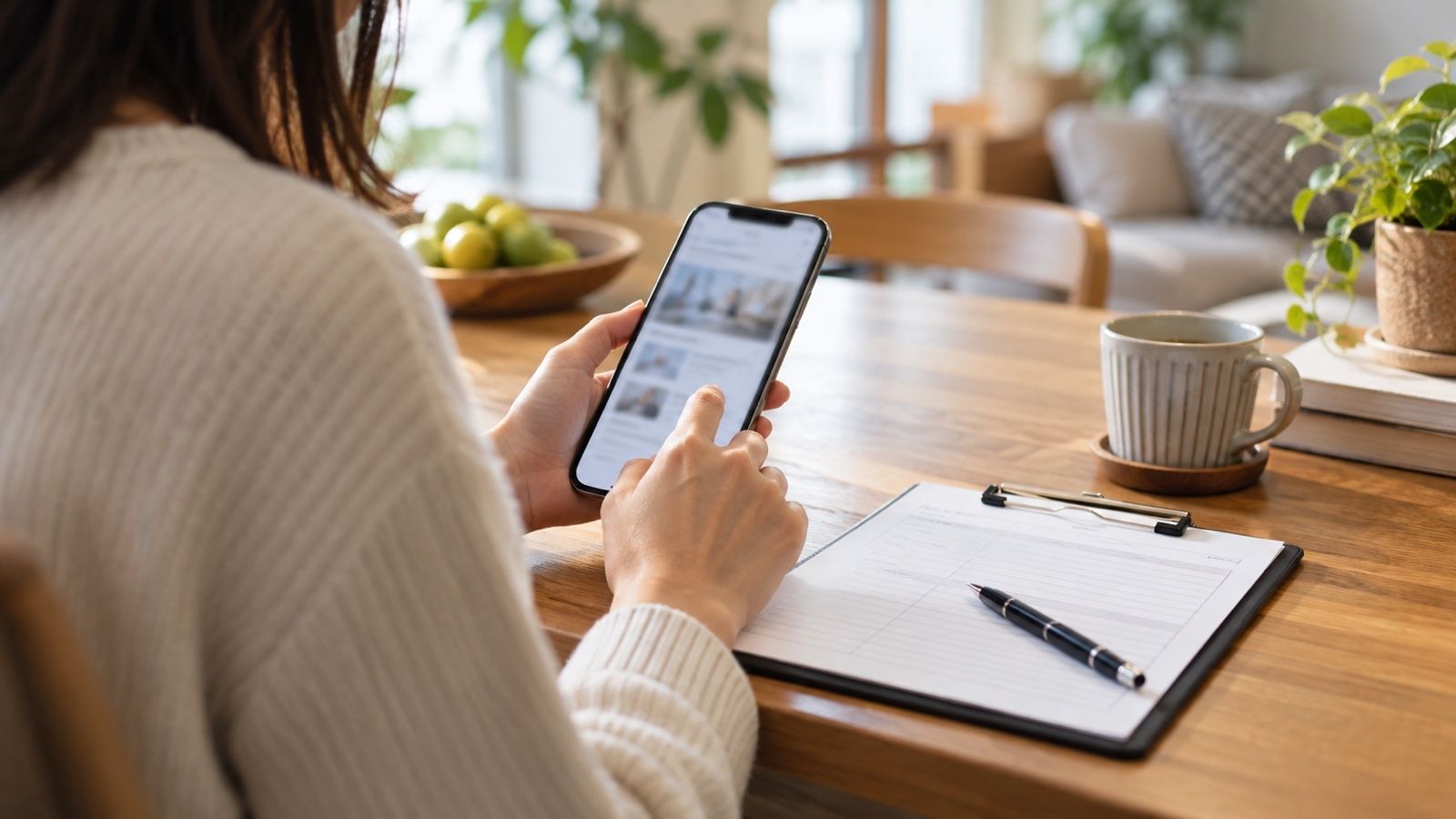 スマホで調べる人の手元と、机の上の書類