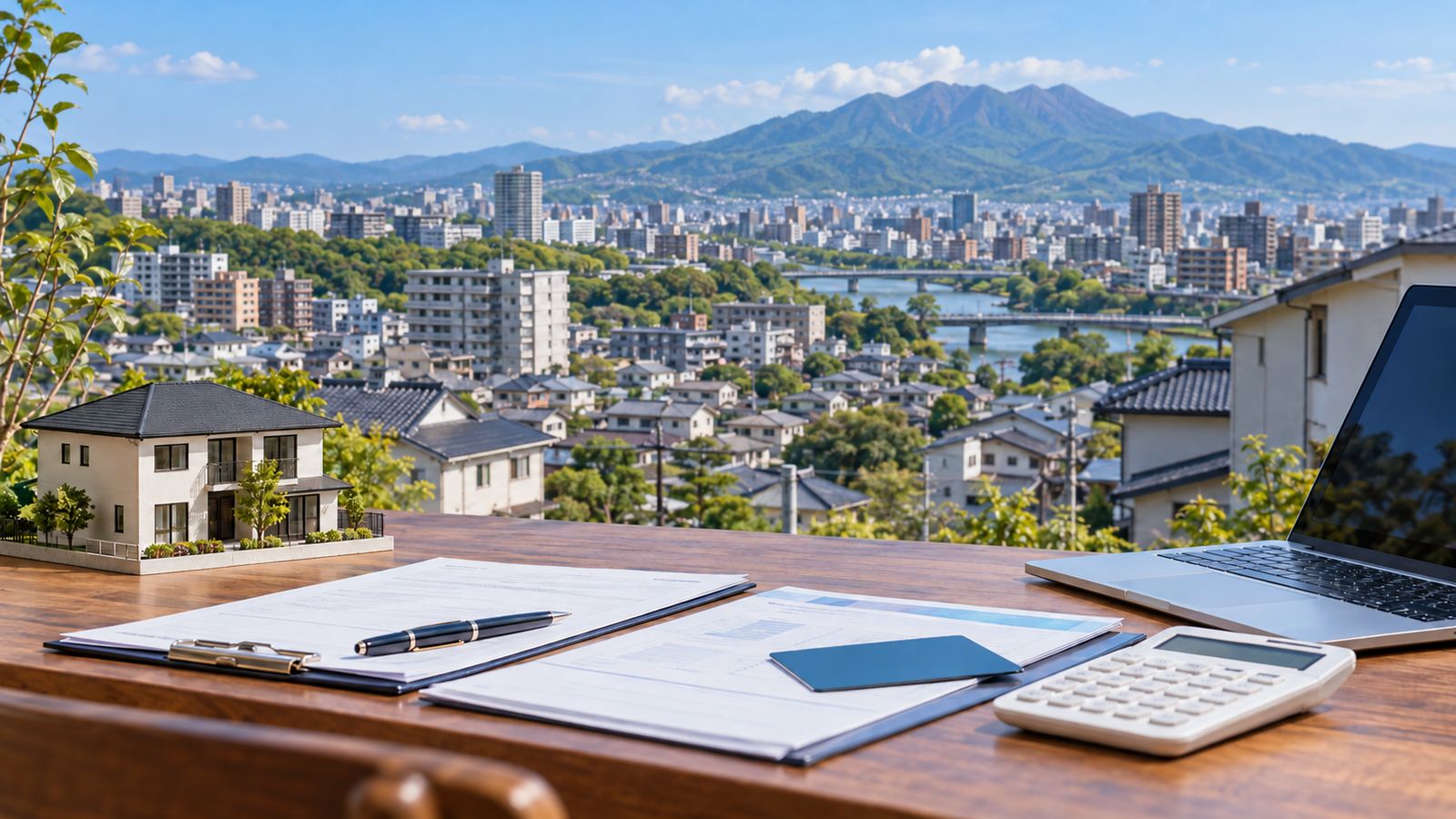 机の上の書類と住宅模型、その奥に広がる市街地と山並み