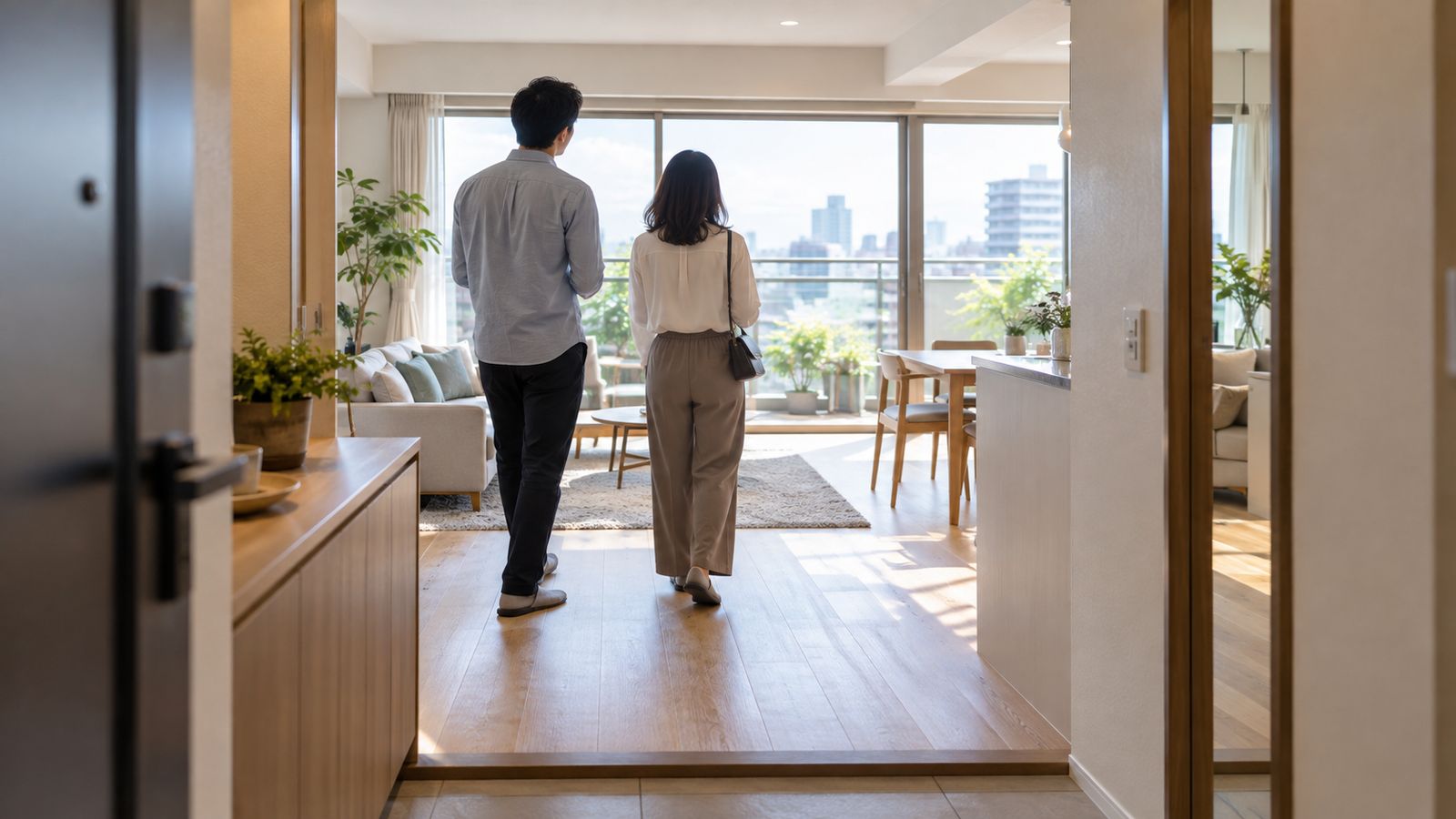 中古マンションの内見でリビングを見る人