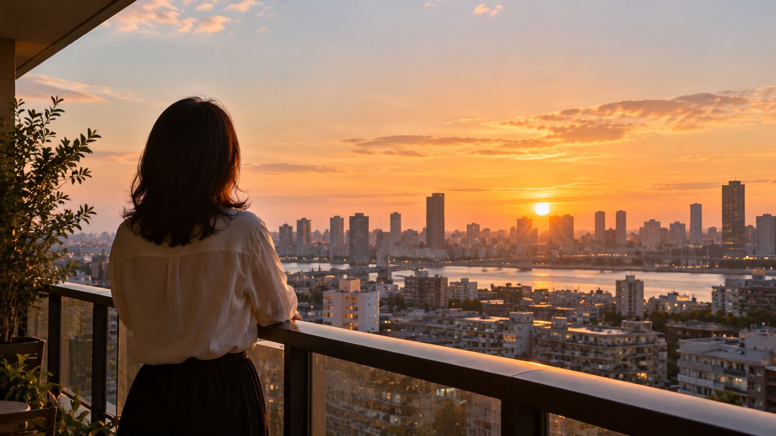 夕方のベランダから街を眺める人の後ろ姿