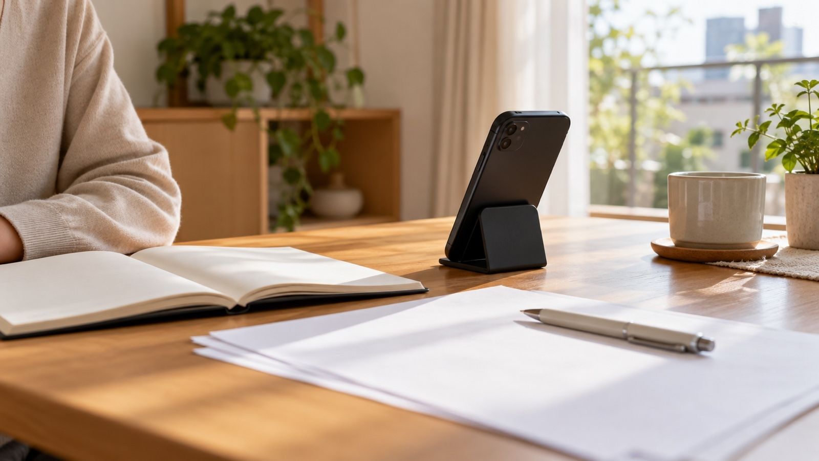 手帳とスマホ、書類を置いた机（イメージ）