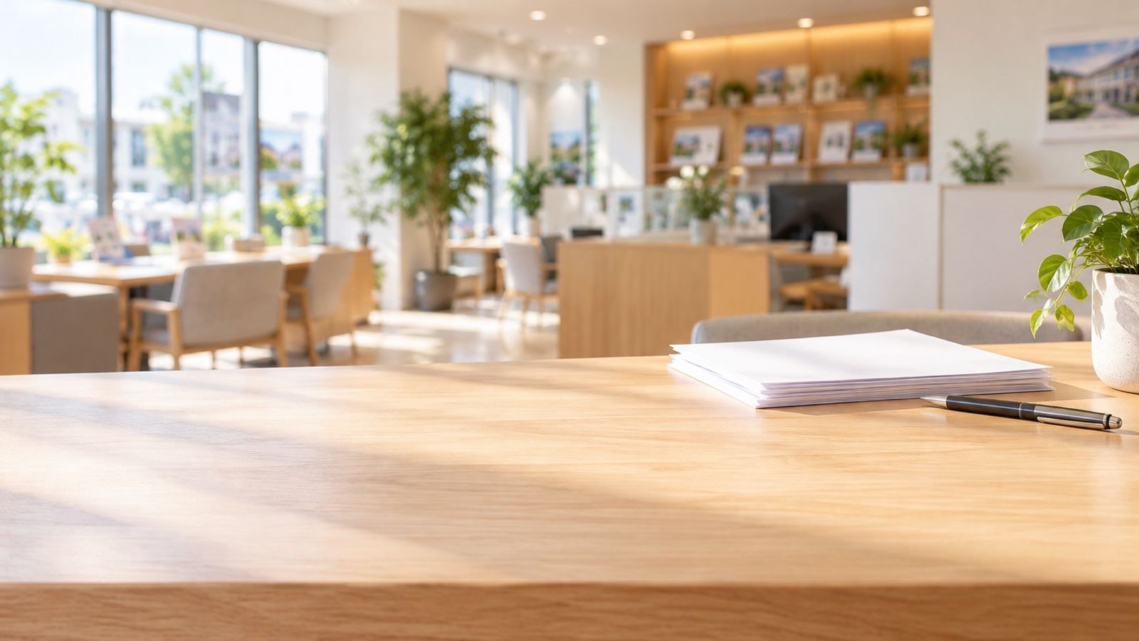 不動産店のカウンターに置かれた書類とペン