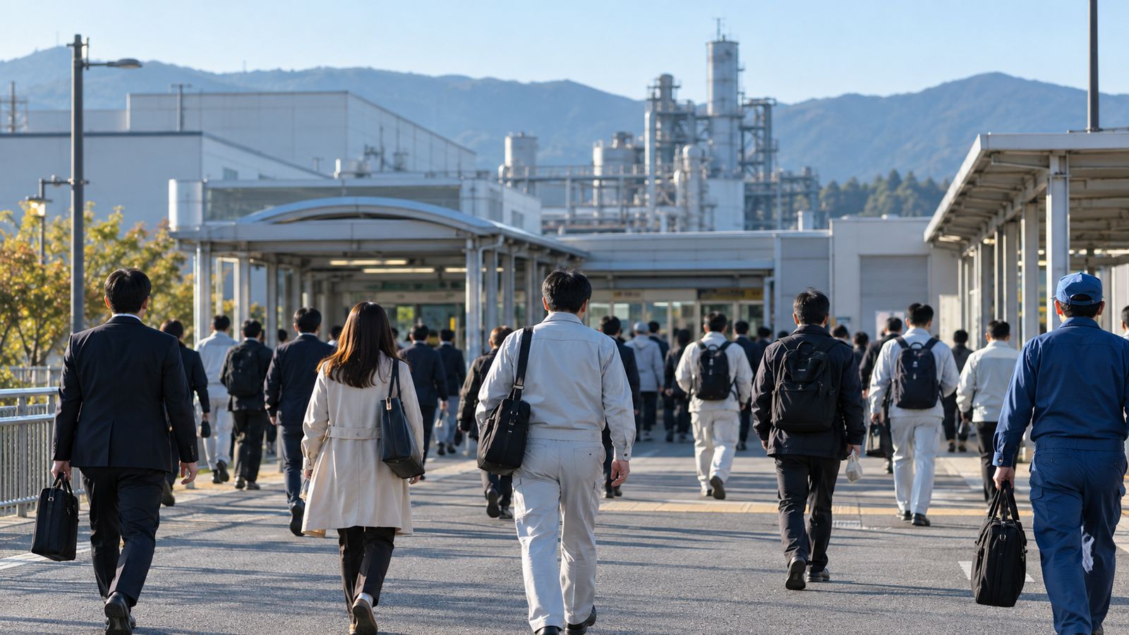 朝の通勤で歩く人たちの後ろ姿