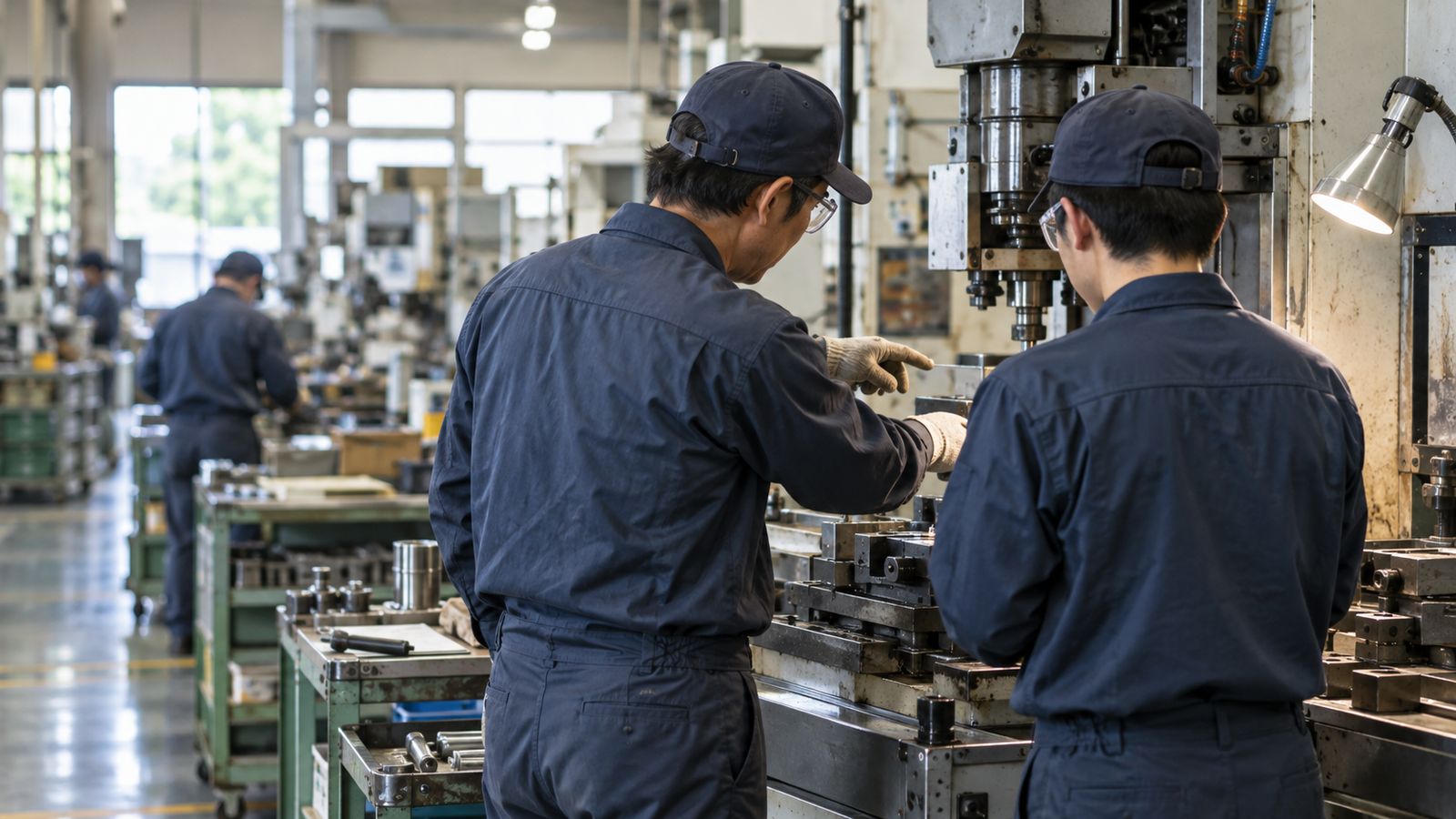 作業場で仕事を教わる人