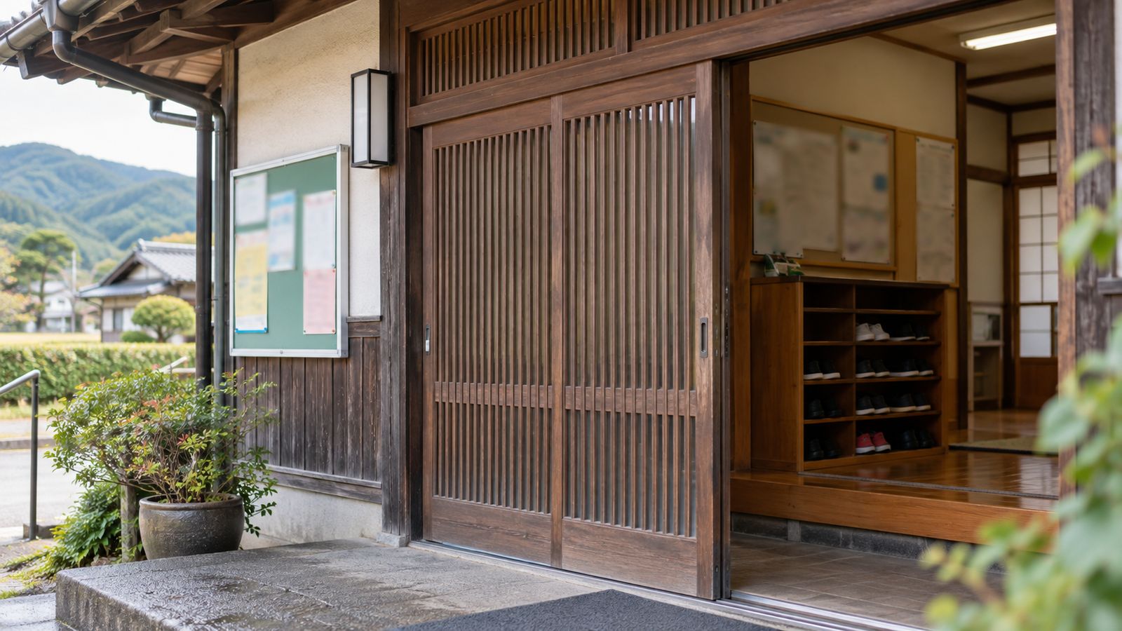 格子戸の入口と掲示板がある地域の集会所