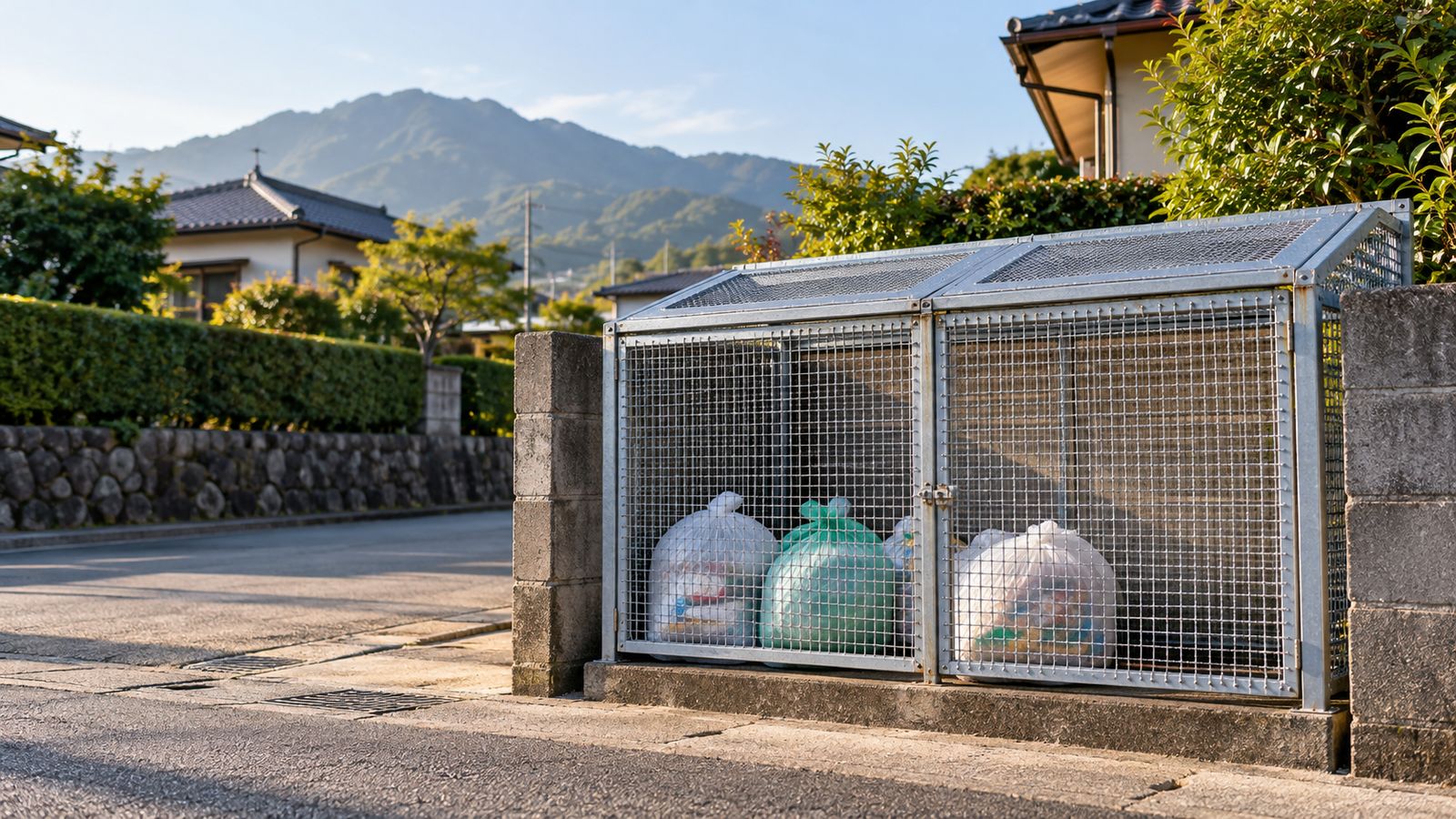 金網で囲われたごみステーションと中のごみ袋