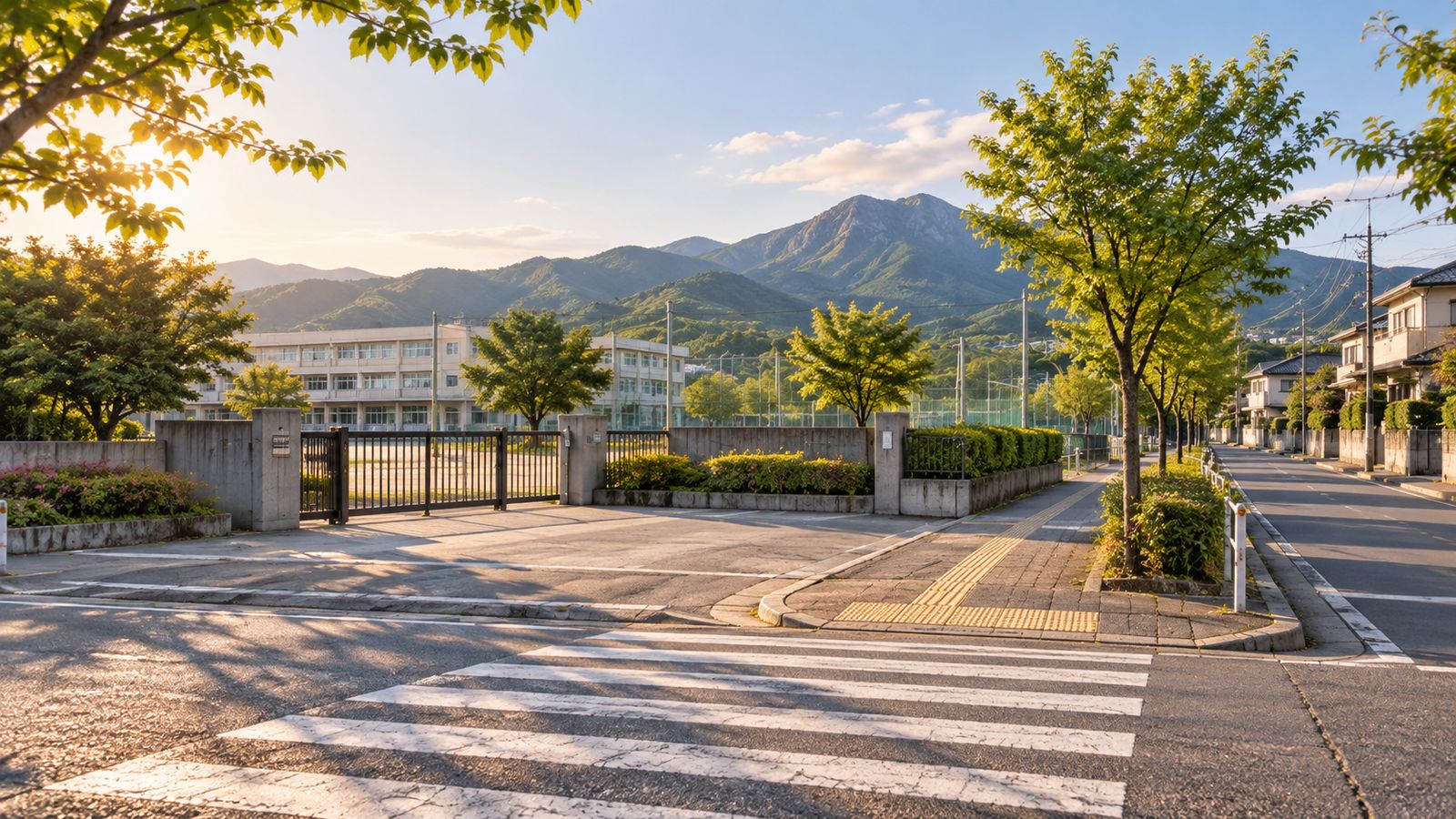 学校の門と横断歩道、奥に山並みが見える通学路