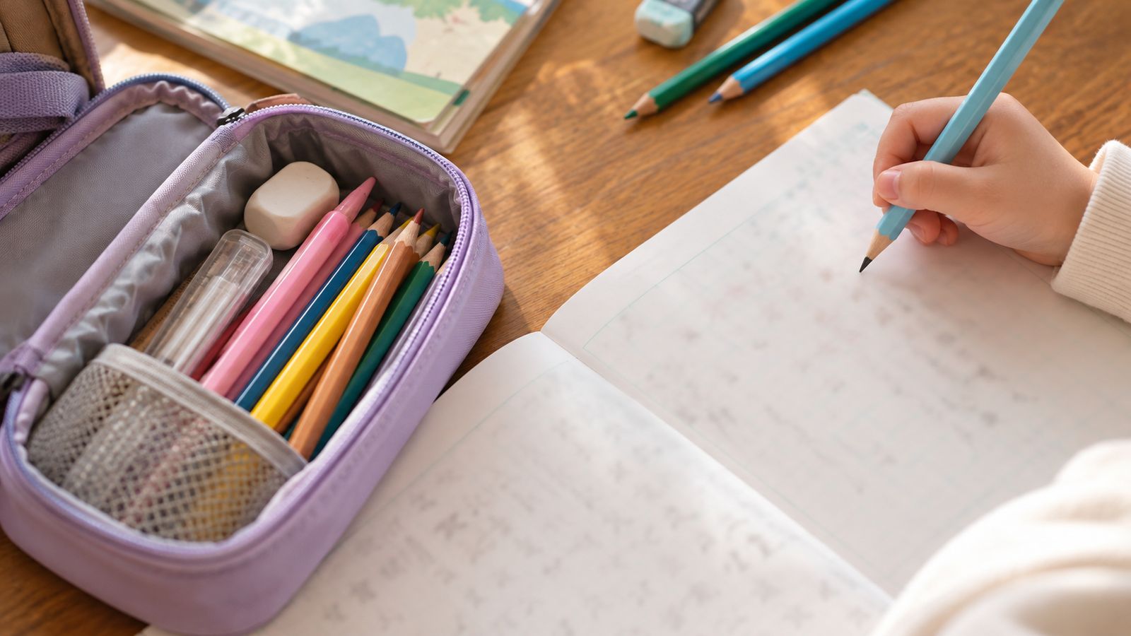 筆箱と色鉛筆のそばでノートに鉛筆で書く子どもの手元
