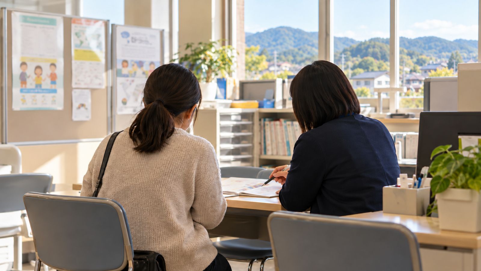 窓口で向かい合い、冊子を見ながら話す2人の後ろ姿