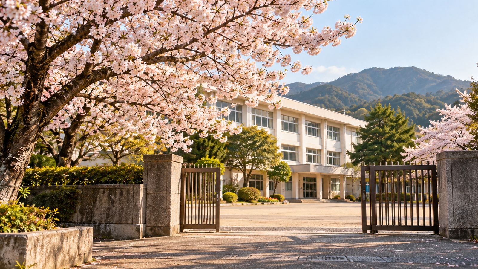 桜の木と開いた校門、校舎が見える春の学校