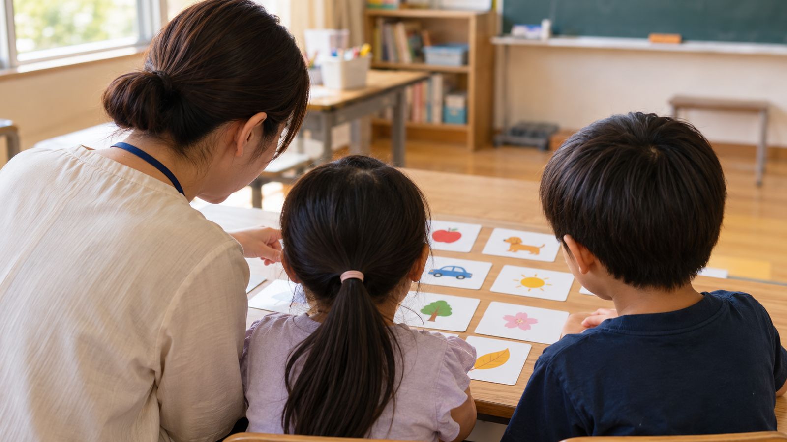 教室で先生と2人の子どもが絵カードを並べて見る後ろ姿