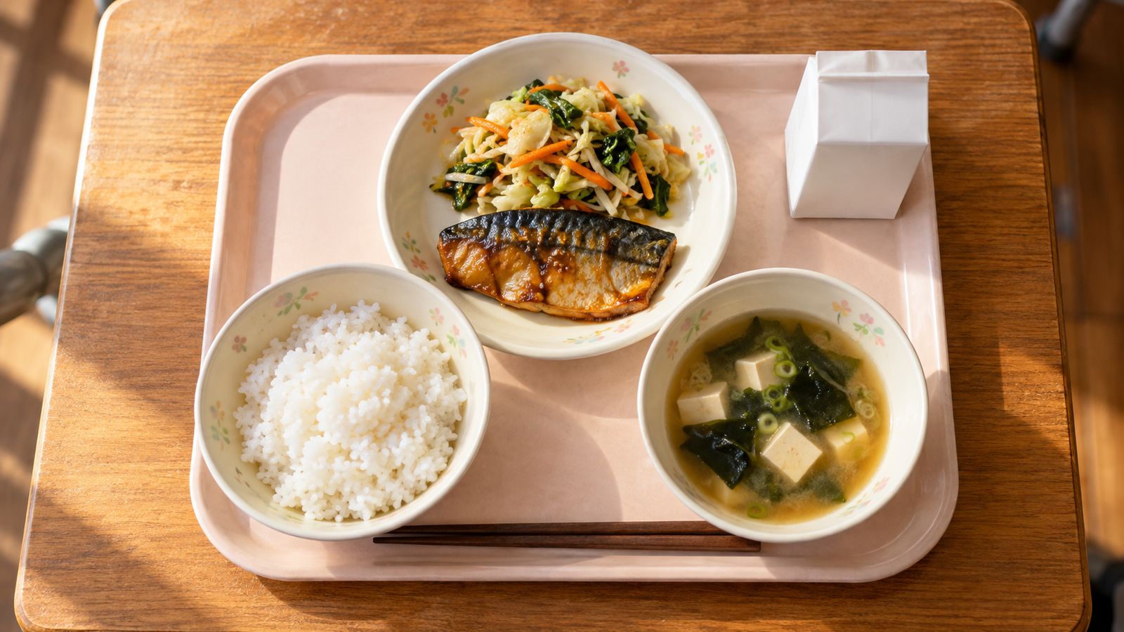 焼き魚、ご飯、みそ汁、炒め物、牛乳が載った給食のトレー