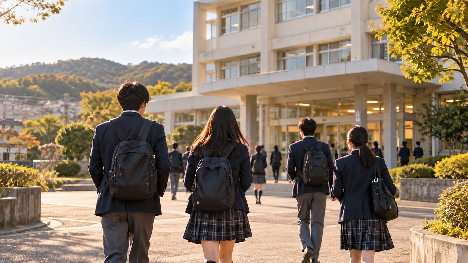制服にリュック姿の高校生が校舎へ歩いていく後ろ姿