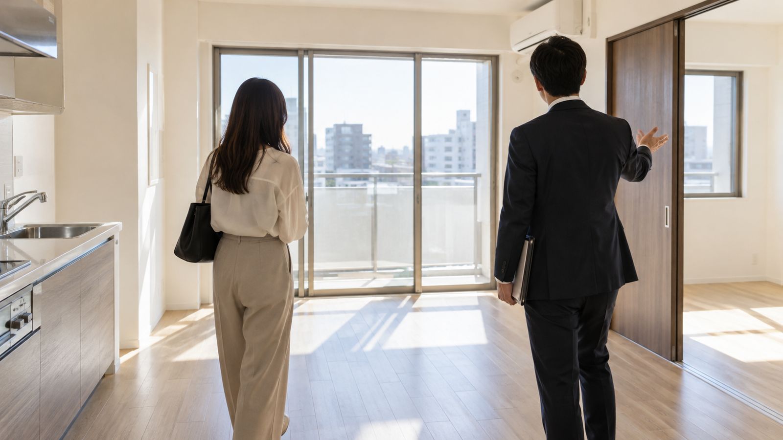 賃貸住宅の内見で部屋を見て回る人たち