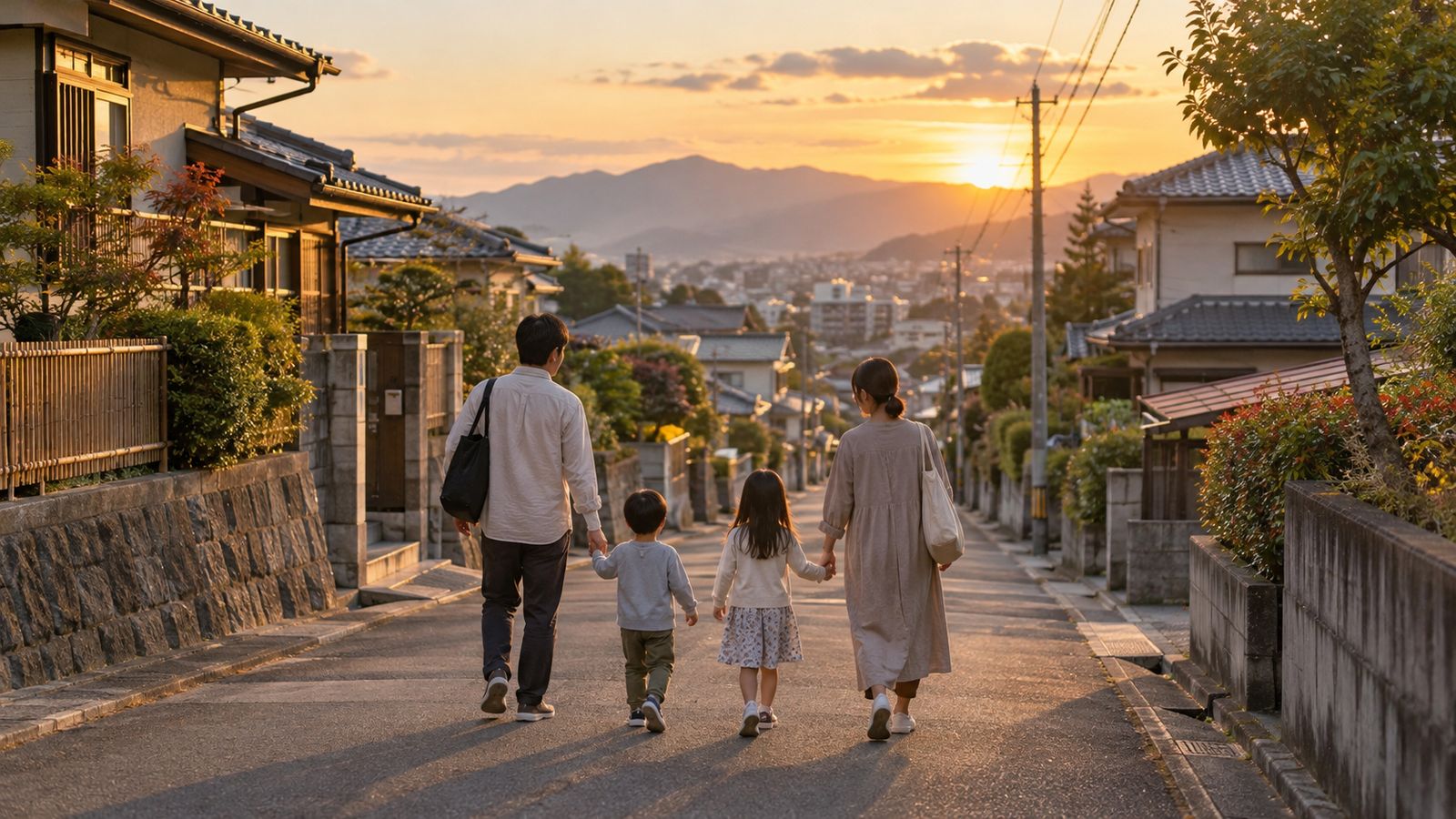 夕方の住宅街を歩く家族の後ろ姿
