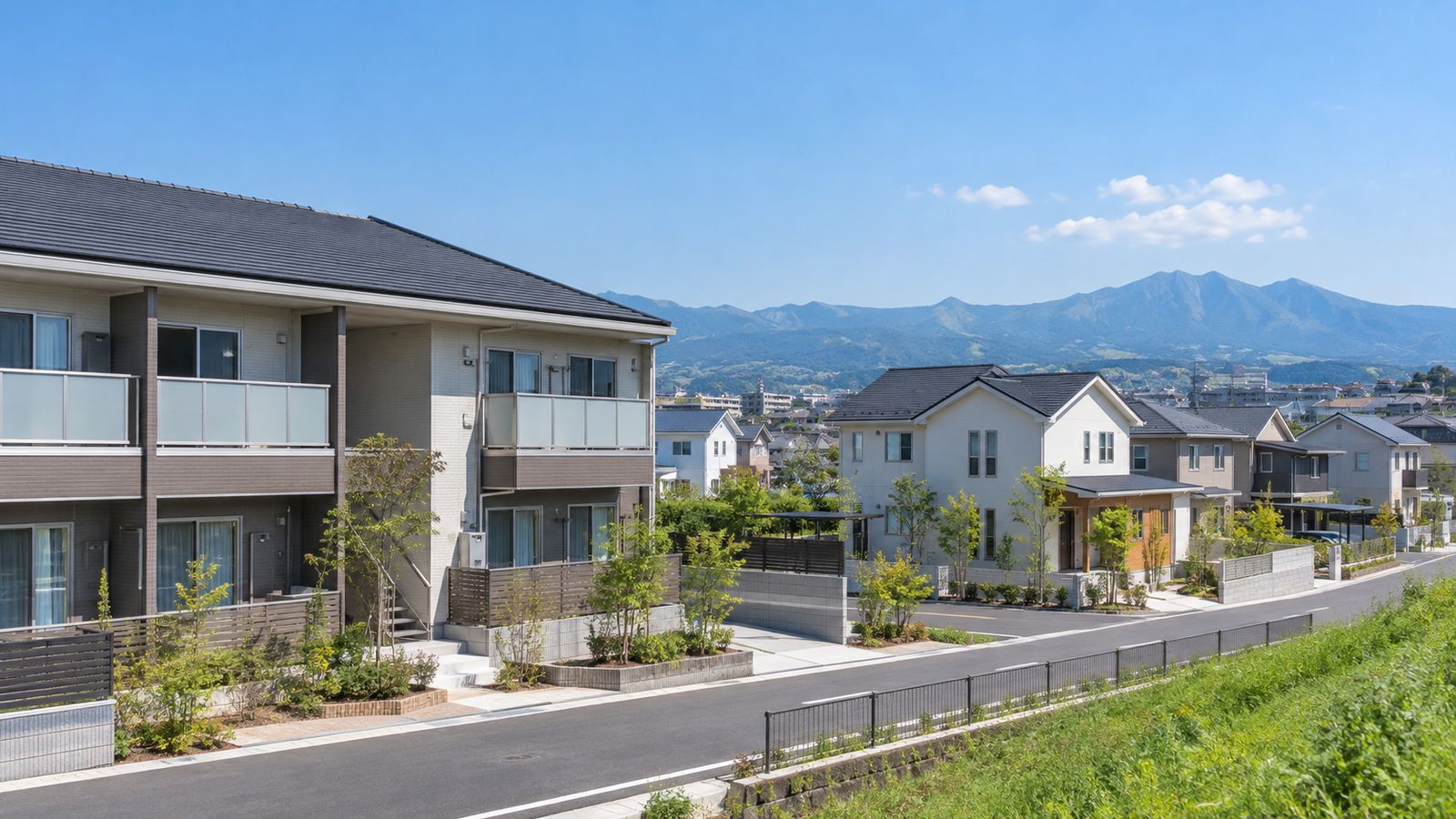 郊外の住宅地に建つ2階建てのアパートと戸建て