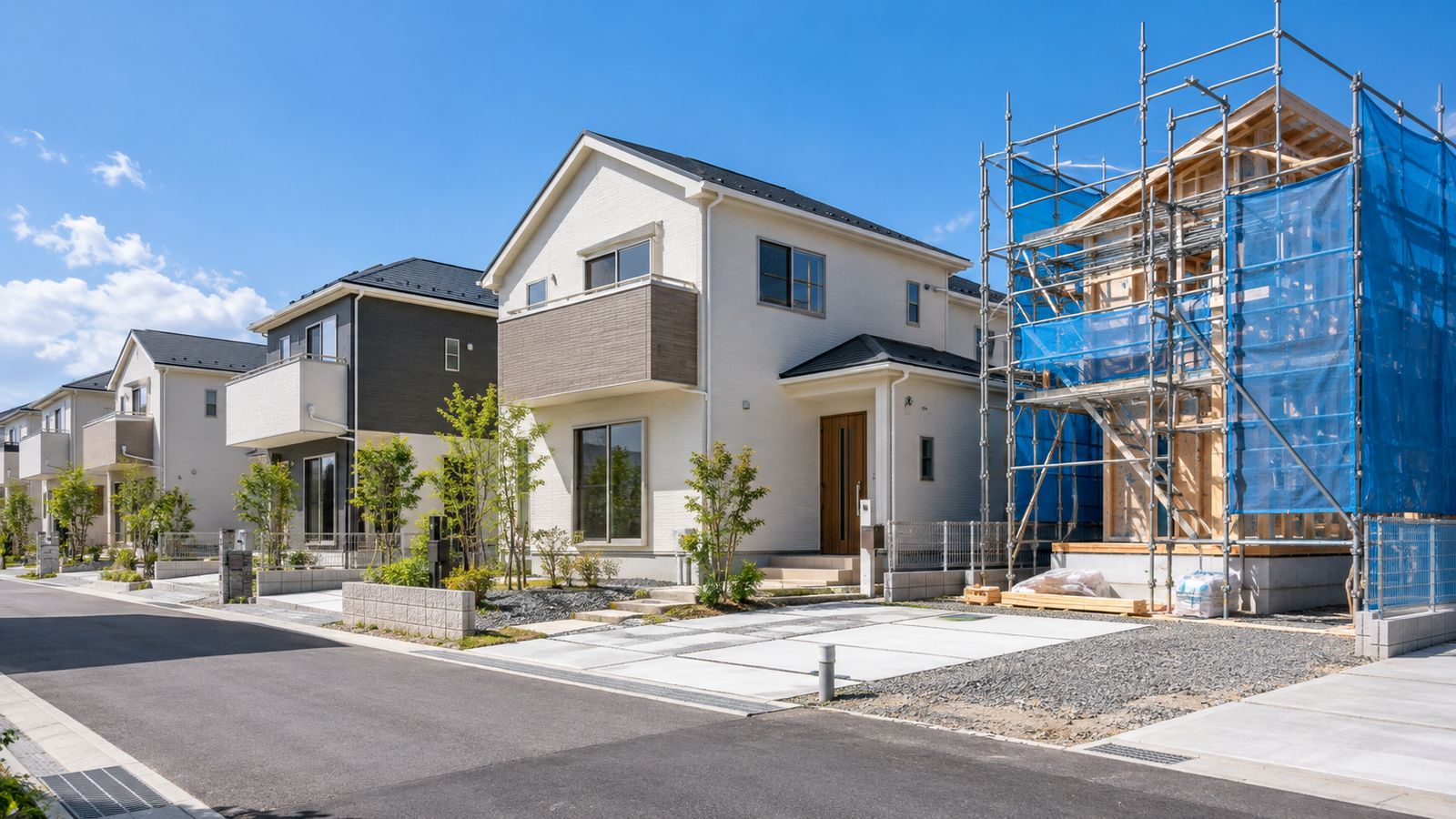 完成した家と建築中の家が並ぶ郊外の分譲地