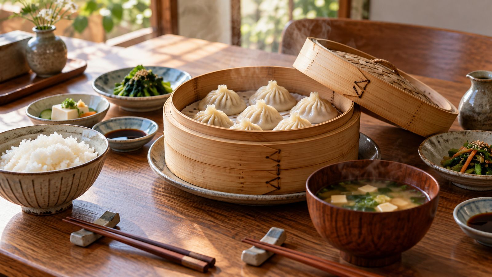 小籠包とごはん・味噌汁が並ぶ食卓