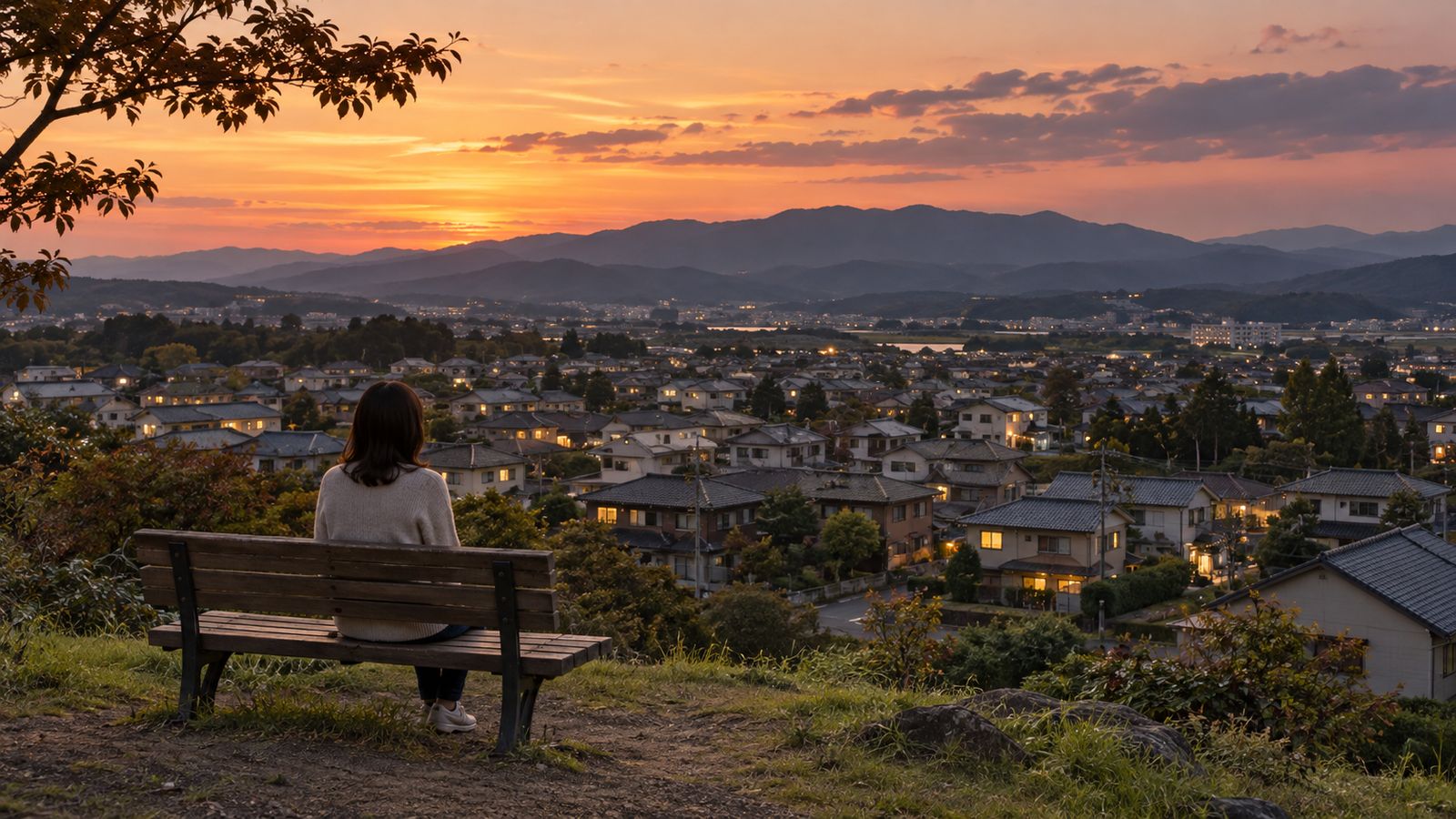 丘の上から住宅地を眺める人の後ろ姿