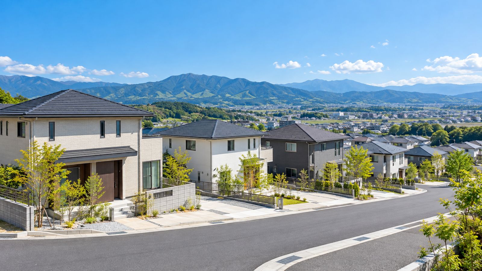 山並みを背にした郊外の住宅地