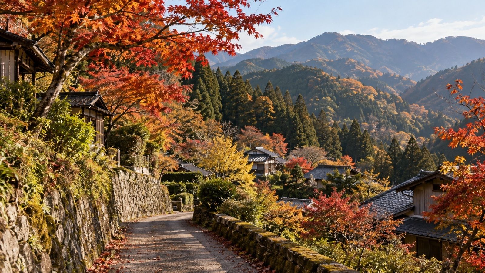 山あいの集落と紅葉