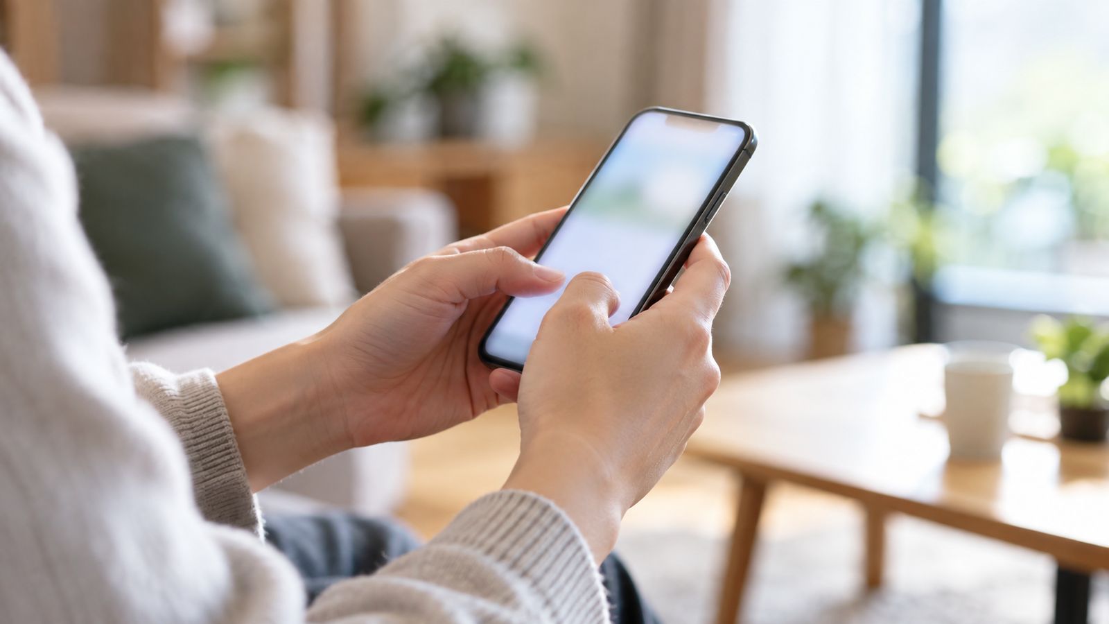 スマートフォンを両手で持つ手元