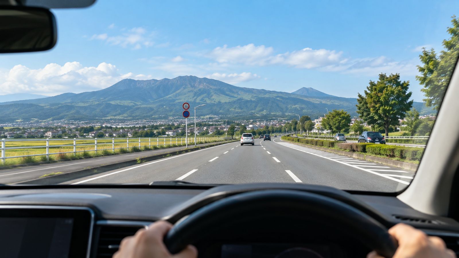 運転席から見た郊外の広い道路