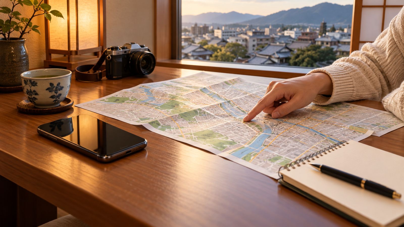 机の上の地図とスマートフォン
