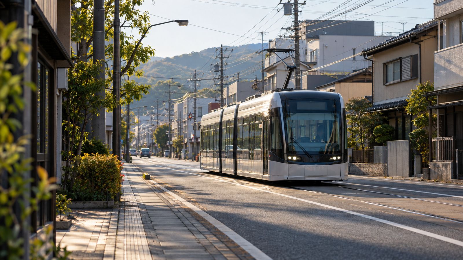 路面電車が走る駅前の通り(イメージ)