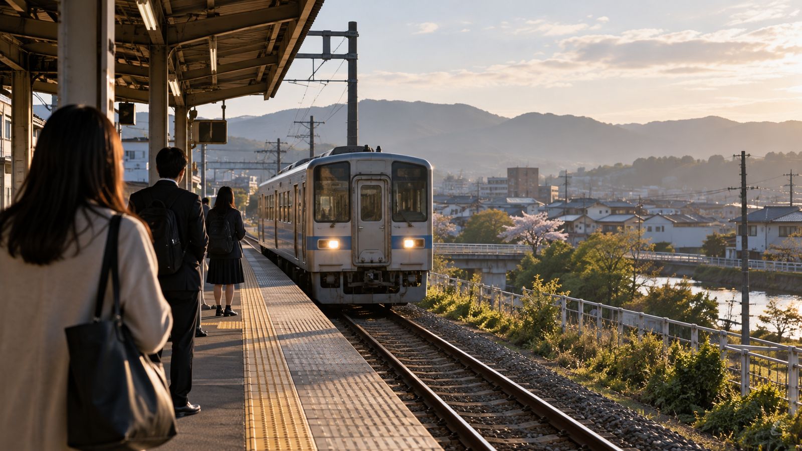 朝の郊外の駅に停まる普通列車