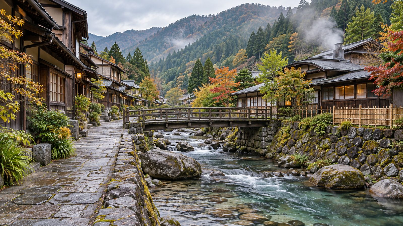 山あいの温泉街の川沿いの眺め