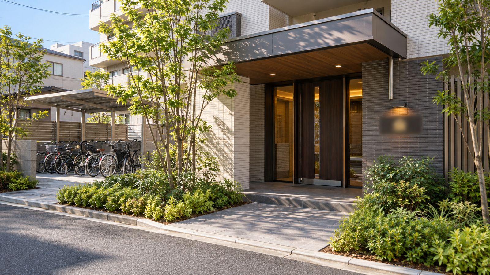 住宅の玄関まわりと小さな表示板