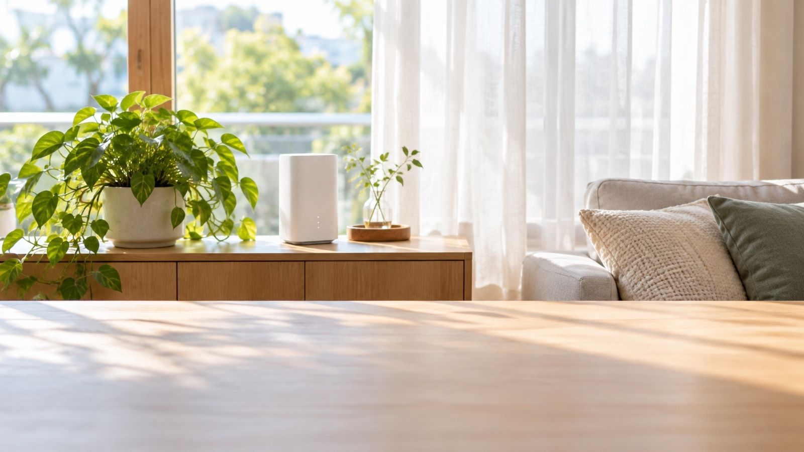 明るい部屋の窓辺の Wi-Fi ルーター（イメージ）