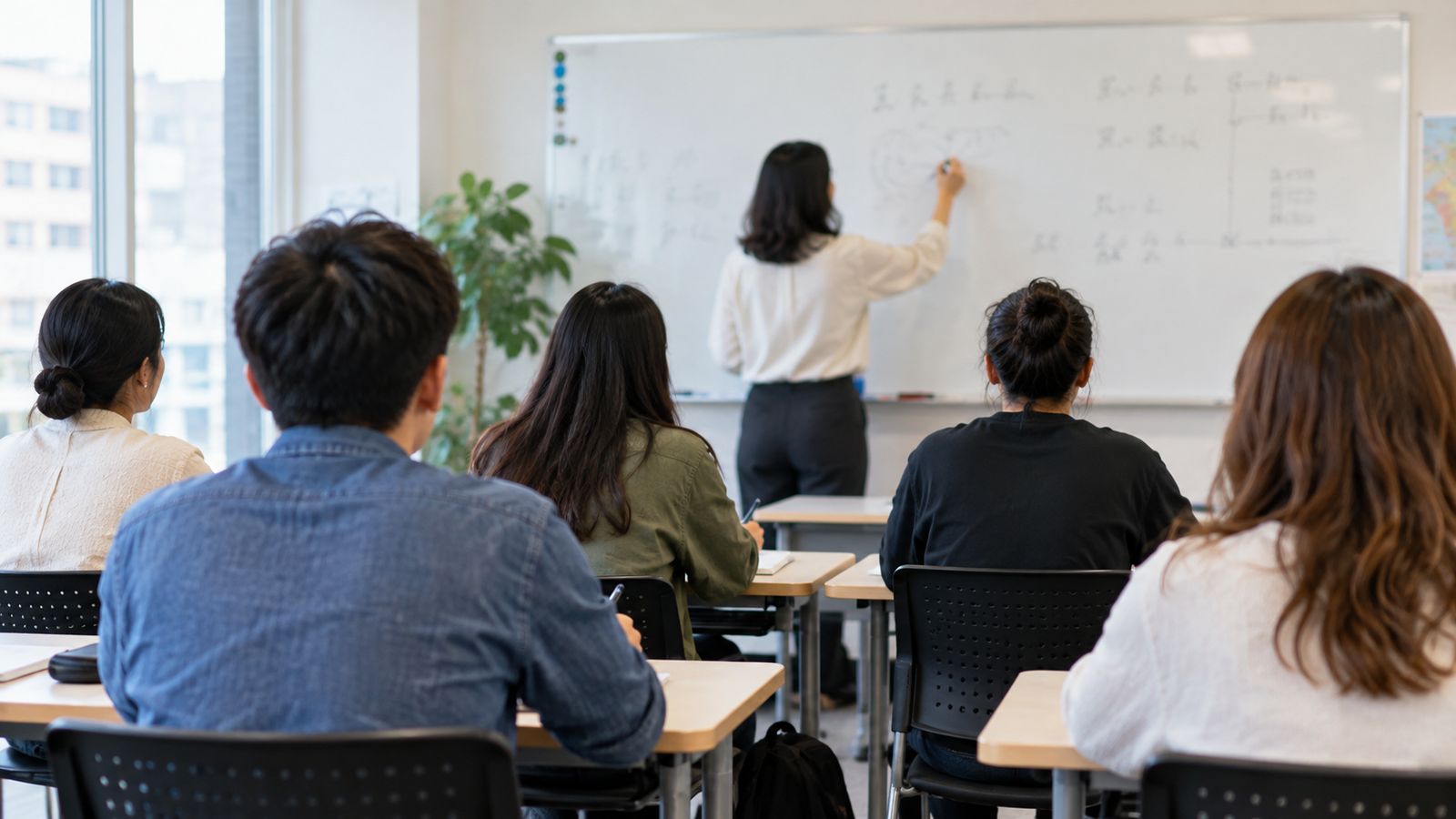 日本語学校の教室で授業を受ける生徒の後ろ姿