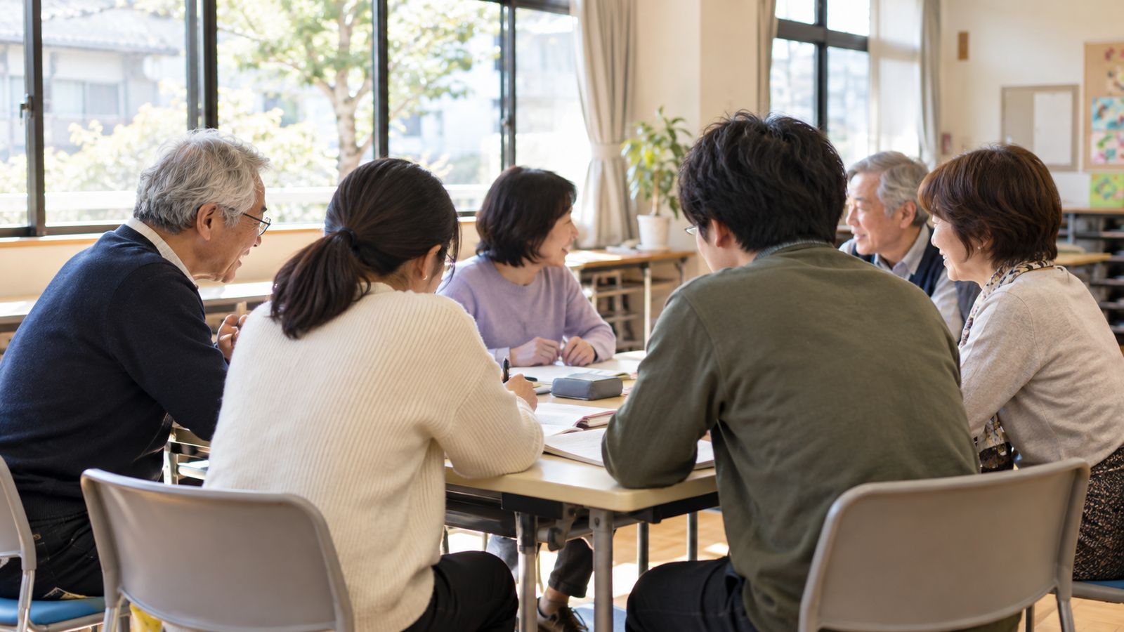 地域の日本語教室で机を囲む人たち