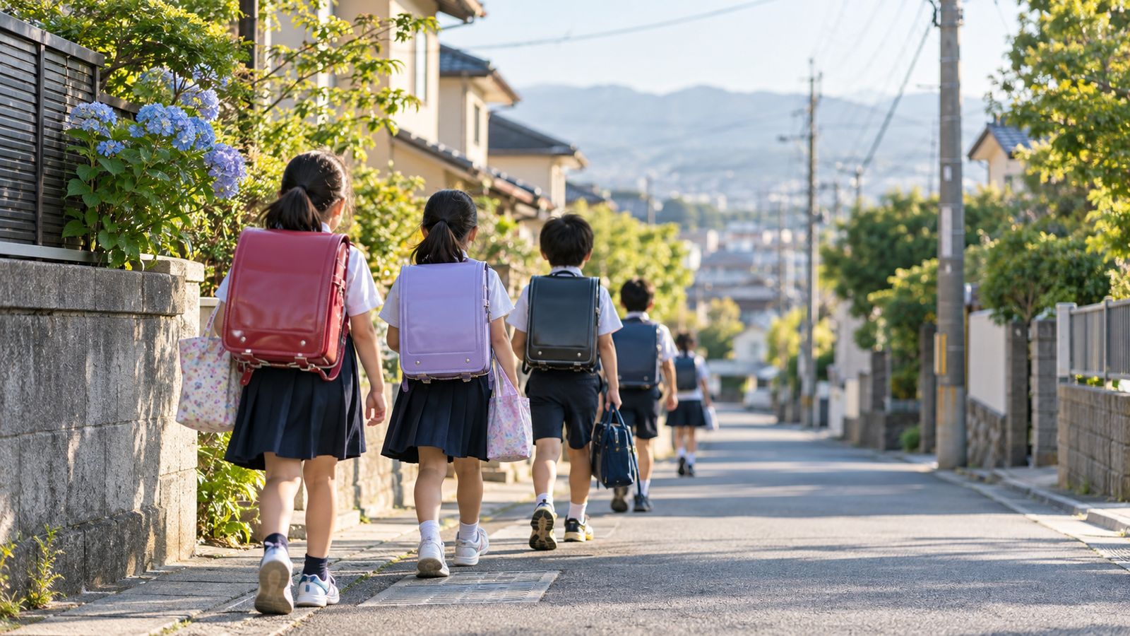 朝の通学路を歩く子どもの後ろ姿
