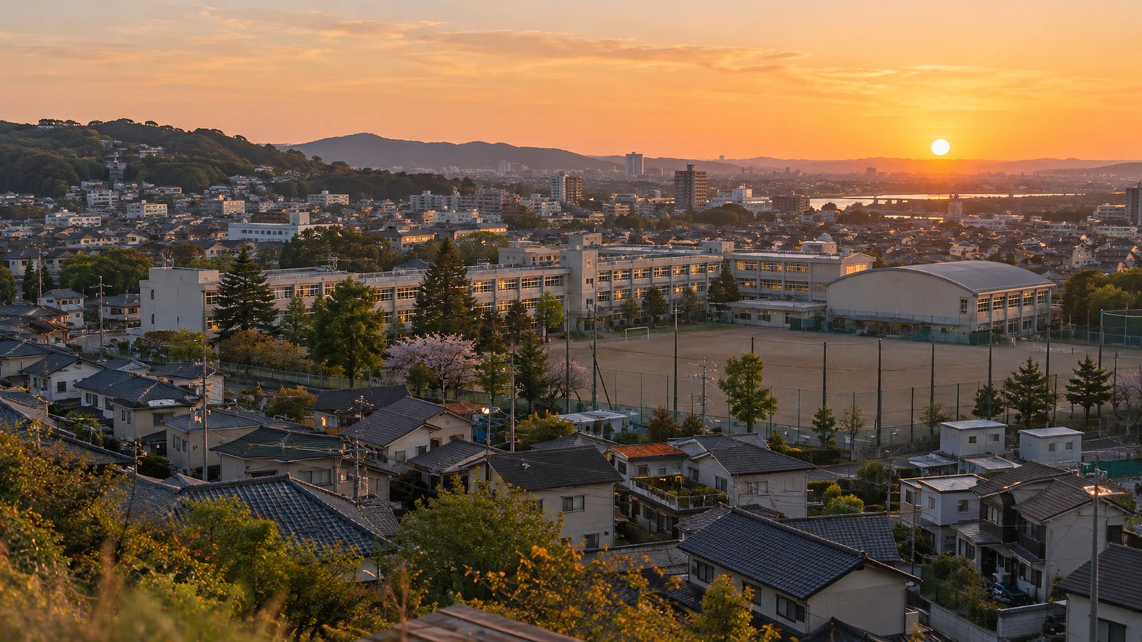 住宅地の中に見える学校