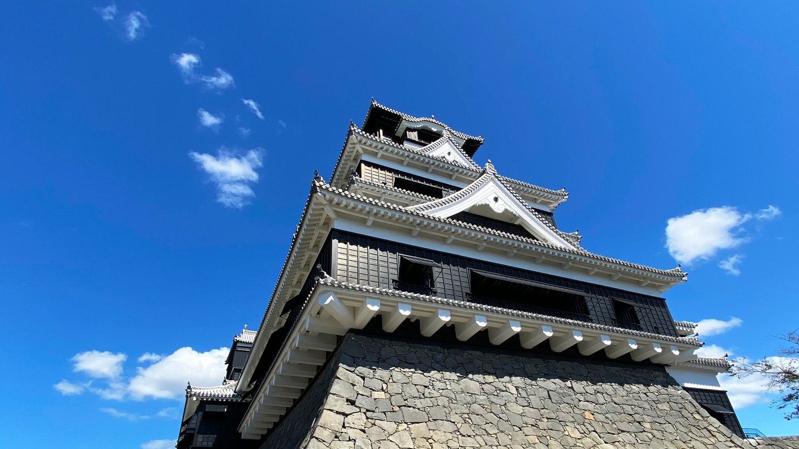 石垣の下から見上げた熊本城の天守閣