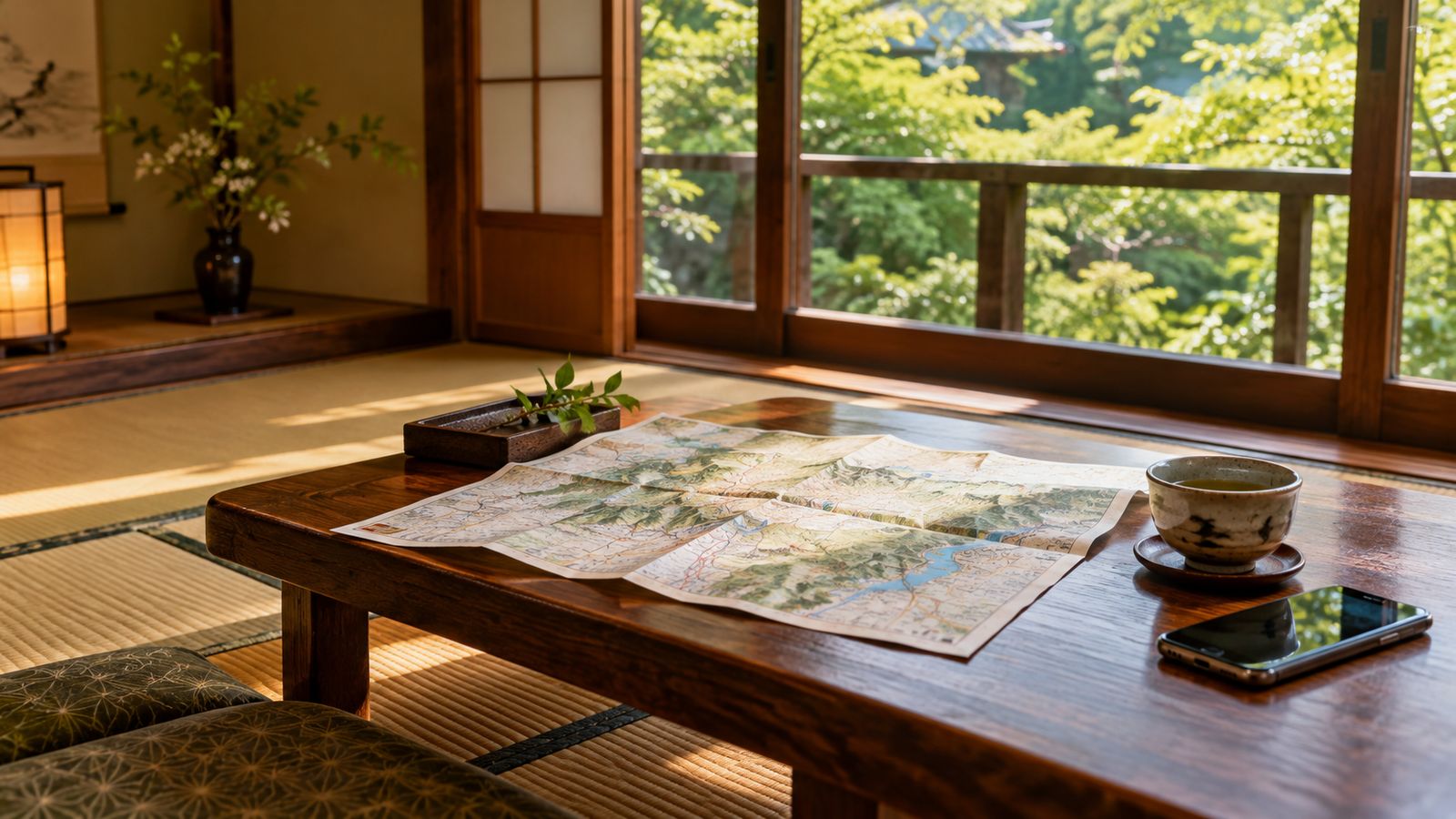 和室の座卓の上の地図とスマートフォン