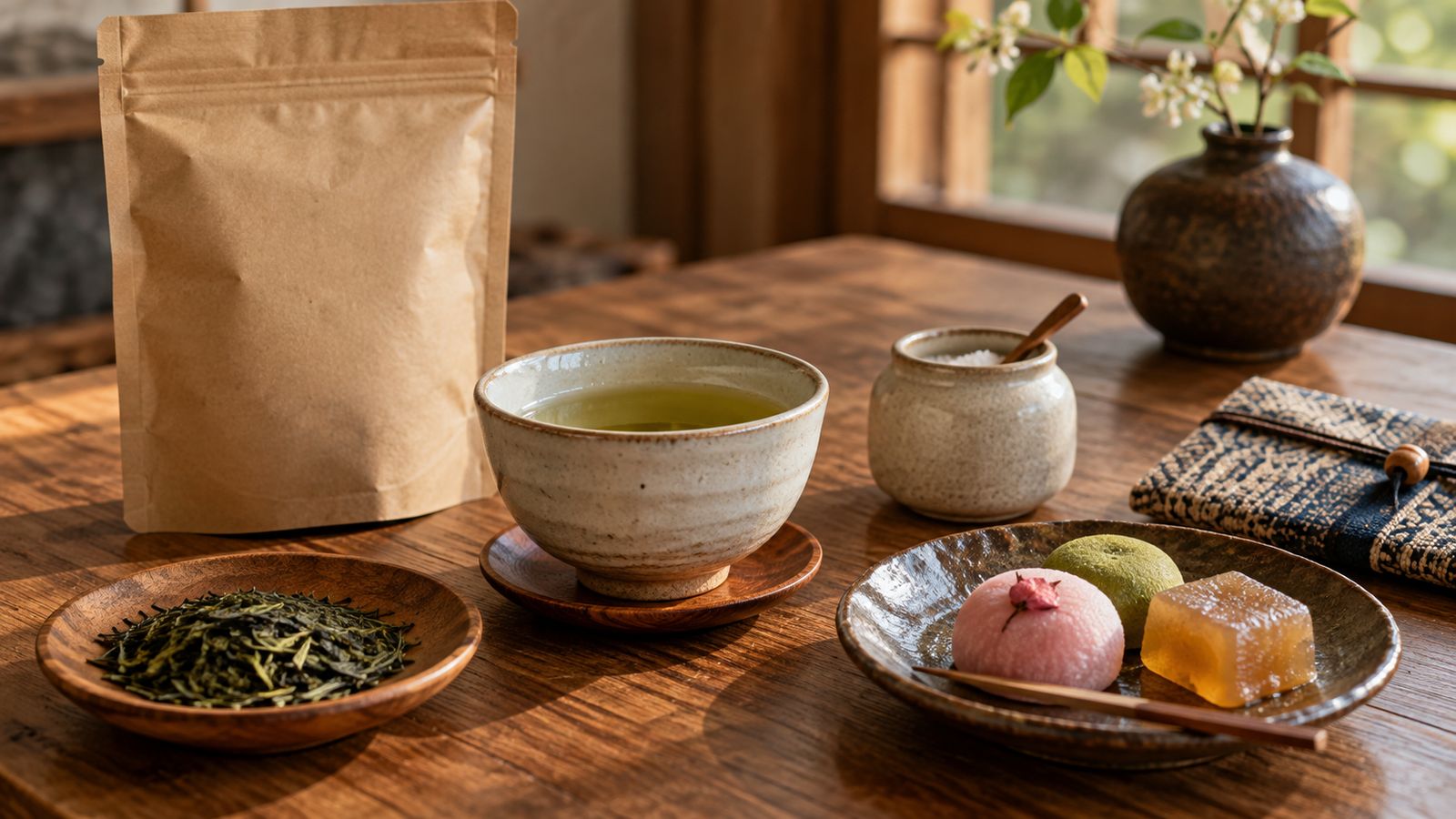テーブルに並べたお茶と塩と和菓子