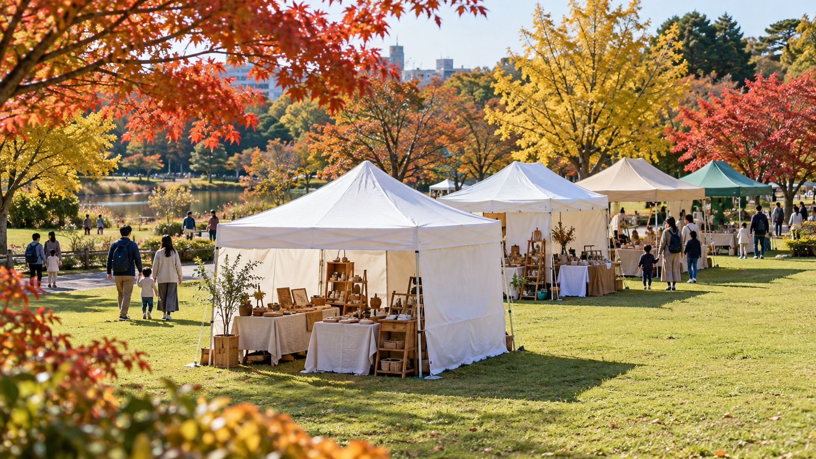 秋の公園の芝生広場に並ぶテント