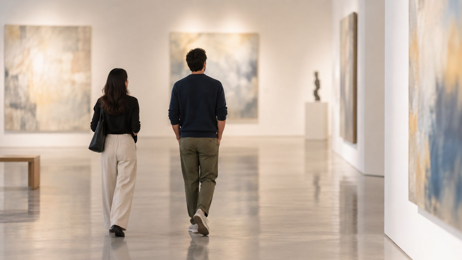 白い展示室を歩く人の後ろ姿