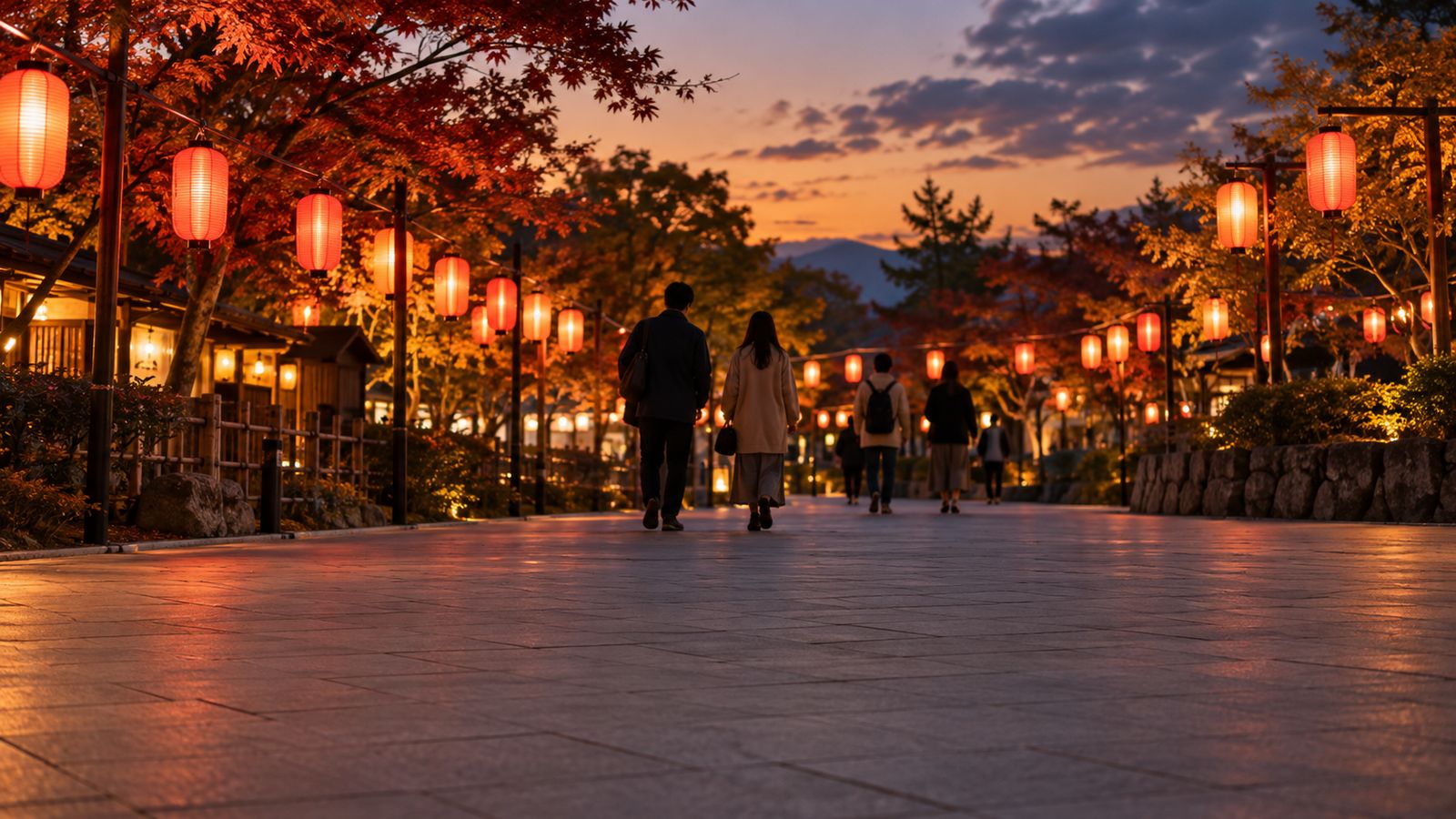 夕暮れに提灯と紅葉が並ぶ石畳の道（イメージ）