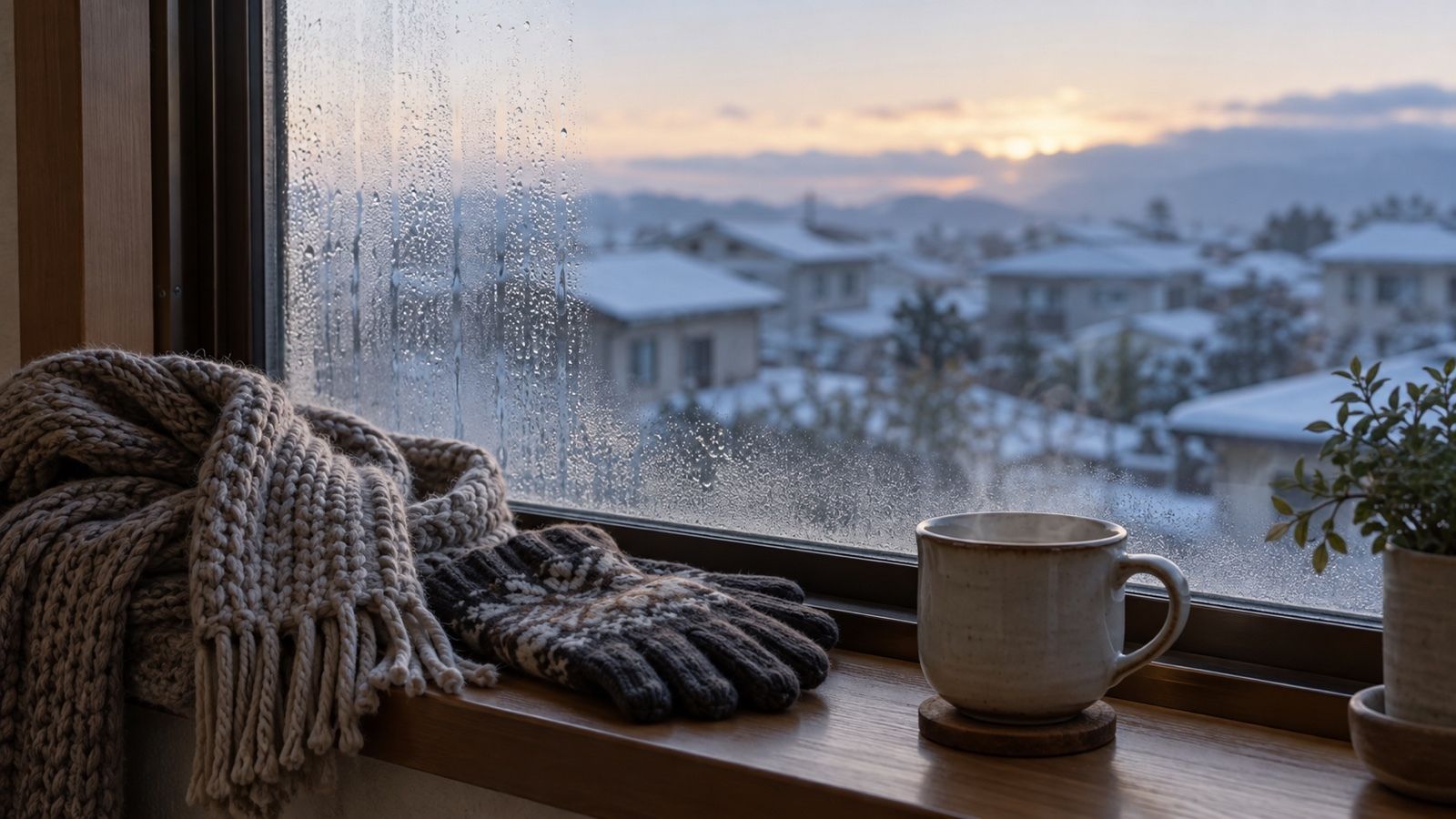 冬の窓辺と雪の残る住宅地、湯気の立つマグ（イメージ）