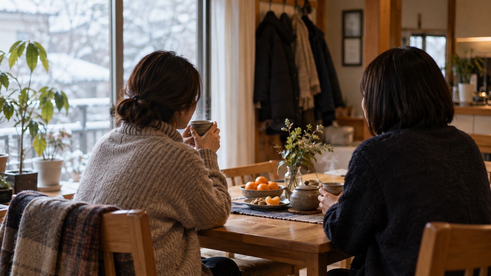 冬の家で、温かい飲み物を手に話す2人（イメージ）