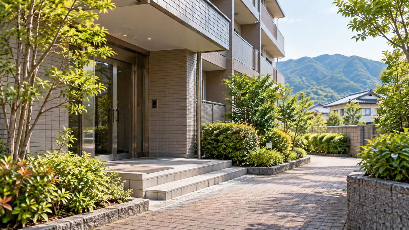 植え込みと石畳の歩道に面したマンションの入口