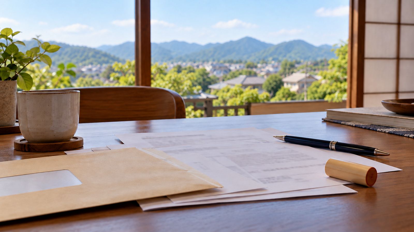 窓の外に城が見える机の上の封筒と書類、ペン、印鑑